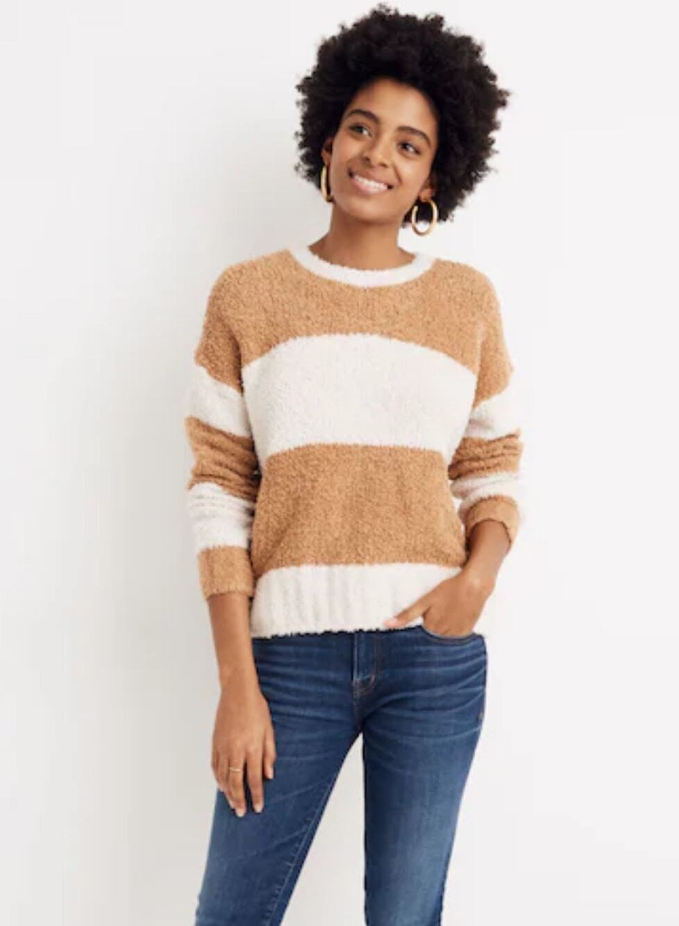 Madewell Teddy Striped Pullover Sweater XL Tan Cream Cozy Textured Knit Soft